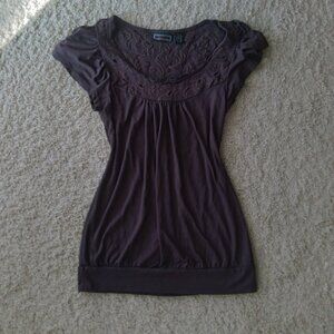 Vintage Y2K Licorice Brown Floral Eyelet Flutter Sleeve Babydoll Top Size Large